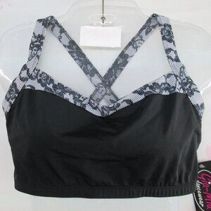 Sports Bra Crop Top LA Large Adult Dance Yoga Fitness Black Grey Lace Print